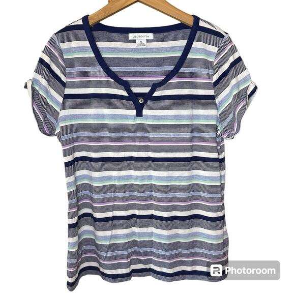 Liz Claiborne Multicolor Blue Striped Short Sleeve V Neck Split Crew Neck Top XL - Picture 1 of 3